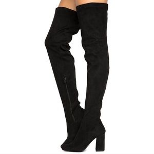 Black Suede Thigh High Block Heel Boots (Size 7)